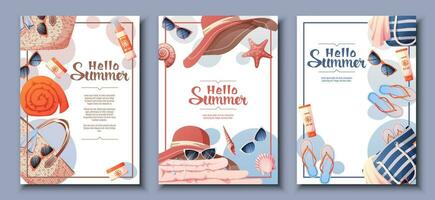 Flyer set with beach accessories.. Poster with wicker bag, hat, glasses and cream. Summer vacation, beach vibe, relaxation. Banner, poster, A4 postcard for advertising. vector