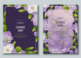 Set of flyer with freesia flowers. Beautiful backgroundwith purple flowers and buds. Spring card, banner, wedding invitation vector