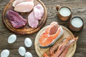 proteína dieta crudo productos en el de madera antecedentes foto