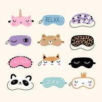 Sleep masks icon set. Blindfold classic and animal shaped - unicorn, bear, fox, panda. Vector illustration