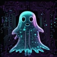 modern ghost of computer, and, internet or electronics on cpu background, funny halloween graphic photo
