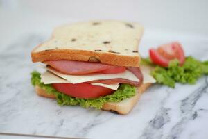 Sandwich with ham, cheese, tomato and lettucele background photo