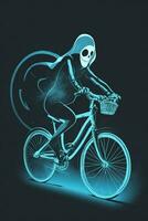 ghost riding a bicycle scary halloween graphic on navy blue background photo