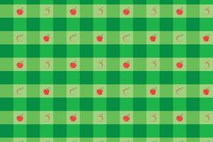 Vector pattern green background checkered tablecloth with various shapes of red apples