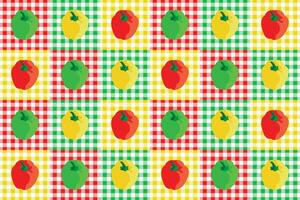 Vector pattern background with yellow, green and red peppers on checkered tablecloth, for industrial use