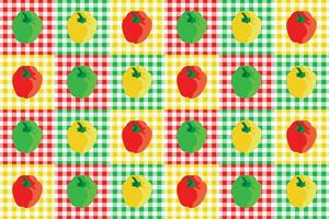 Vector pattern background with yellow, green and red peppers on checkered tablecloth, for industrial use