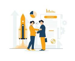 Two Businessman handshake after negotiation of business agreement, Success communication, discussion, project deal, partnership, networking, connection, start up, contract concept illustration vector