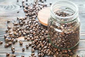 Glass jar of coffee beans photo