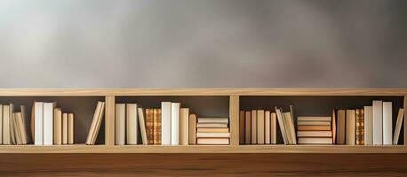 Empty books stored on wooden shelves photo