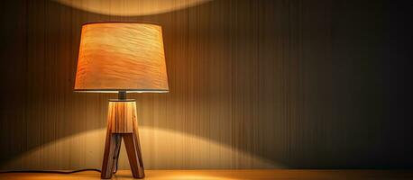 Wooden lamp on a stand with wooden shade photo