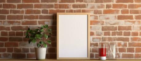 ed vertical wooden frame mockup on a wooden desk and red brick wall photo