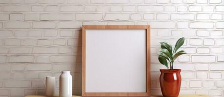 ed vertical wooden frame mockup on a wooden desk and red brick wall photo