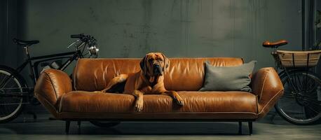 September 11 2020 Big dog lounging on brown leather sofa in spacious loft living room with large window and vintage bike in the distance photo