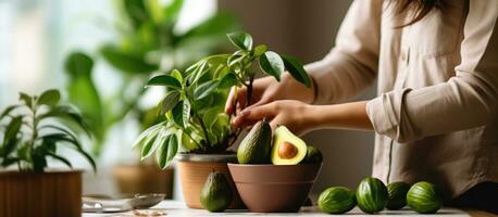 A lady nurtures an avocado seedling indoors Incorporating indoor plants in home decor photo