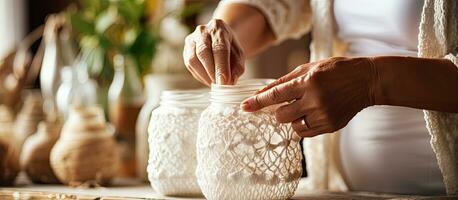 Middle aged woman using white macrame to finish decorating glass jar photo