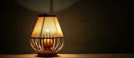 Wooden lamp on a stand with wooden shade photo