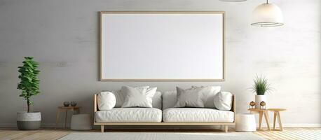 Scandinavian style illustration of a poster frame in a modern living room photo