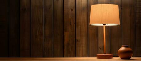 Wooden lamp on a stand with wooden shade photo