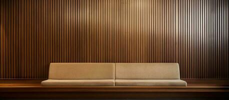 Built in banquette on a brown wood wall indoors with carpet photo