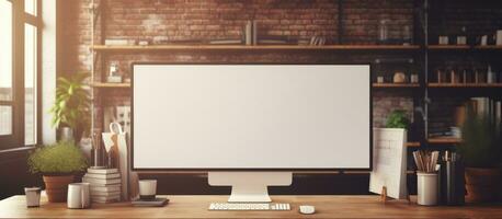 a computer monitor with a mock up screen on a table in a loft working space surrounded by office supplies photo