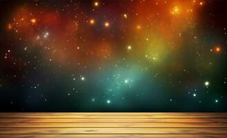 Wooden floor with a golden light bokeh on a dark background, cosmic landscape, dark beige and orange photo