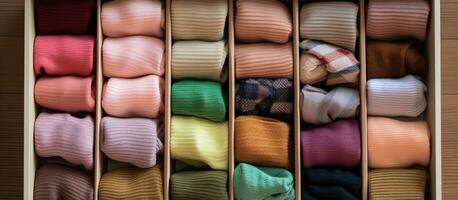 Various socks in textile box on closet backdrop photo