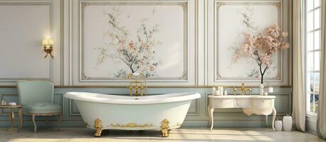 Elegant classical style bathroom with sink and bathtub photo
