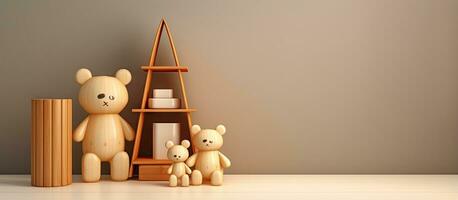 Rendering wooden figure toys and home environment for remote work content photo