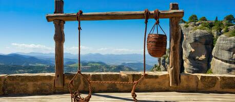 Ancient pulley system at Meteora monastery in Greece photo