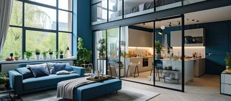 Modern two story apartment with spacious windows stylish living area and kitchen in vibrant hues separated by a glass partition Bedroom located on the upper level photo