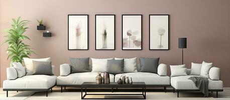 Minimalist living room with pastel black and metallic silver color 8 frames on the wall furnishings and plants ing poster gallery wall photo