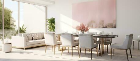 Dining table chairs in bright open space with sofa and gold painting on wall photo