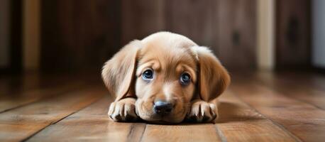 Cute dog rests on the ground photo