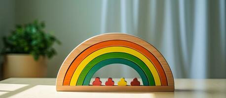 A child s toy made of wood with a rainbow and colorful details photo