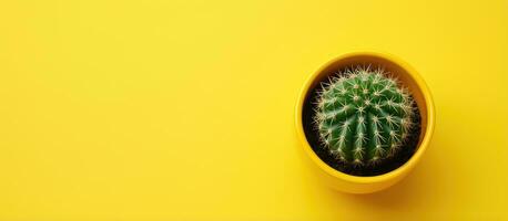 cactus en amarillo maceta visto desde encima en amarillo antecedentes foto