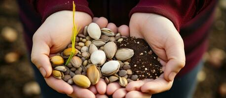 Woman planting seeds up close photo