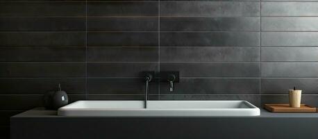 Black bathroom tiles viewed horizontally photo