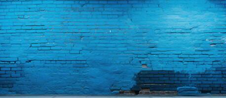Blue painted brick wall with a panoramic view photo