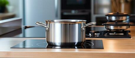 A focused look at metallic pot on sleek stove in contemporary kitchen photo