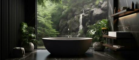 a luxurious dark bathroom with glass bathtub plant and black marble photo