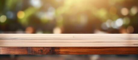 Blurry background with close up view of wooden table photo