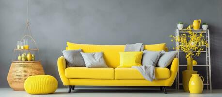 Living room with Easter themed decorations and yellow furniture photo