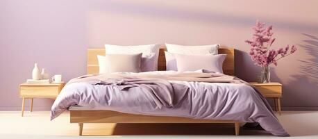 a wooden double bed with violet linen in morning sunlight interior fit for a queen size photo