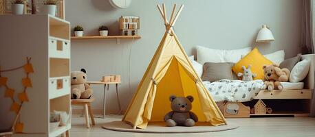 Children s room at home with a tent near the bed photo