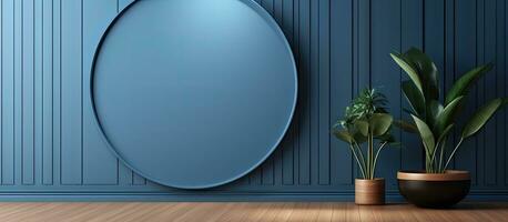 a room with blue wooden wall paneling circle decoration plant and lamp photo