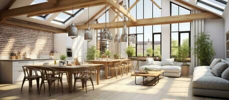 a sunlit loft with kitchen and sofa during summer photo