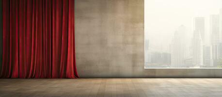 bright interior with city view and red curtains wooden floor and concrete wall Mock up photo