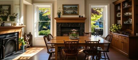 Renovated older home features a bright traditional dining area with a cast iron fireplace granite hearth and timber surround all beautifully lit up photo