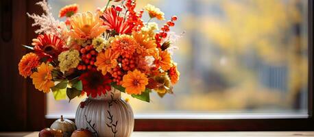 Holiday flowers in a pumpkin vase with vibrant colors bathed in sunlight photo