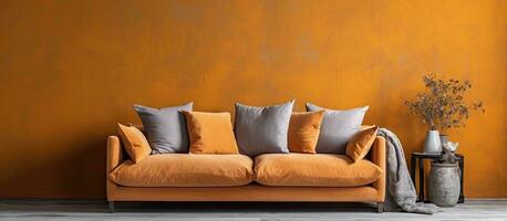 wabi sabi vivo habitación con antiguo naranja pared y nuevo sofá real foto con Copiar espacio